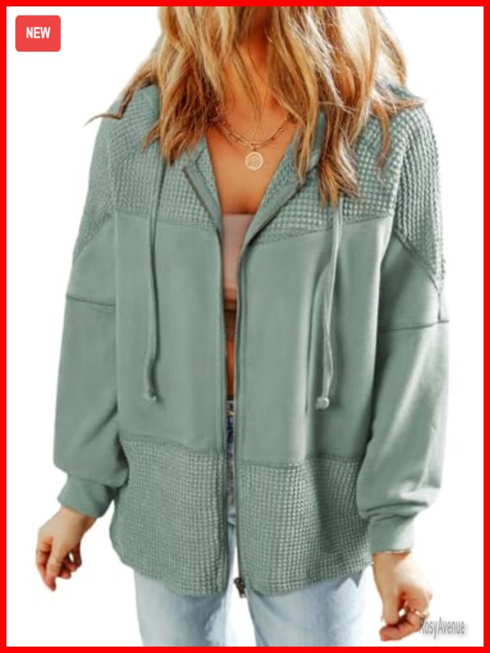 Waffle Knit Zip Up Hooded Jacket Oversized Loose Fit Casual
